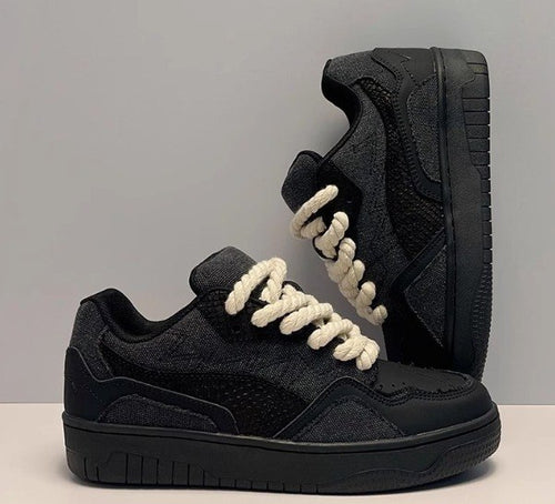 Black Low-Top Sneakers With White Rope Laces