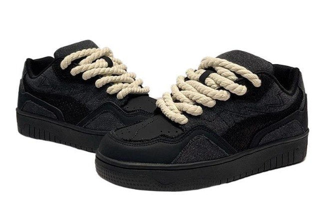 Black Low-Top Sneakers With White Rope Laces